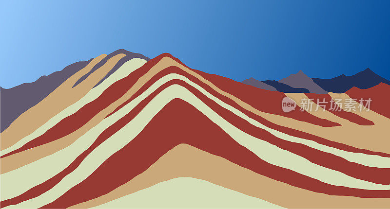 彩虹山或Vinicunca蒙大拿de Siete颜色孤立在蓝色的天空背景，秘鲁库斯科地区，秘鲁安第斯，矢量插图